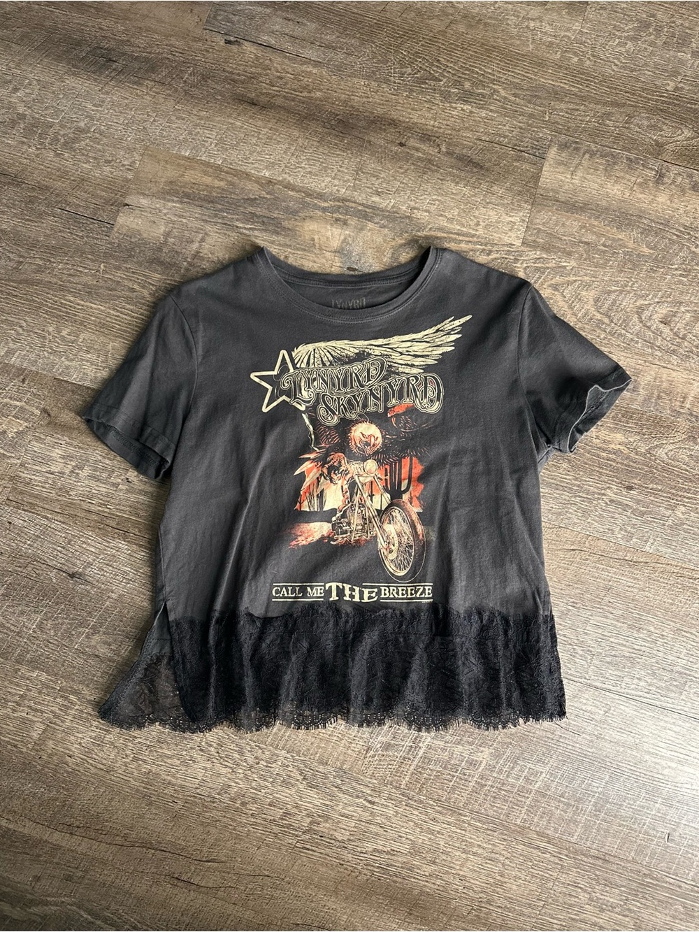 Women’s Black Graphic Tee with Lace Hem